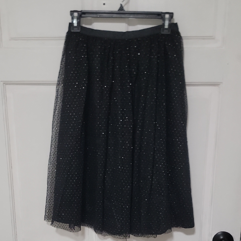 Zara Black A-Line Midi Skirt with Sparkle Glitter Design Details Double Layers